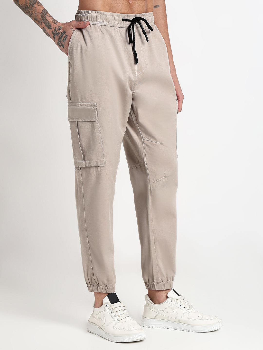 Men's Cream Solid Cargo Joggers