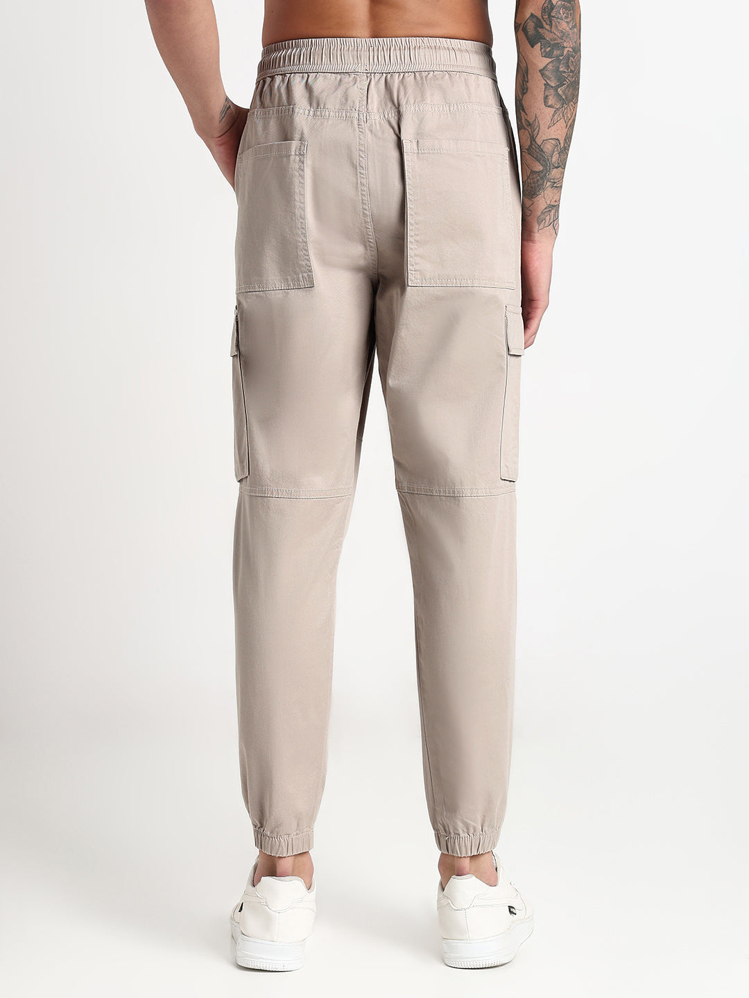 Men's Cream Solid Cargo Joggers