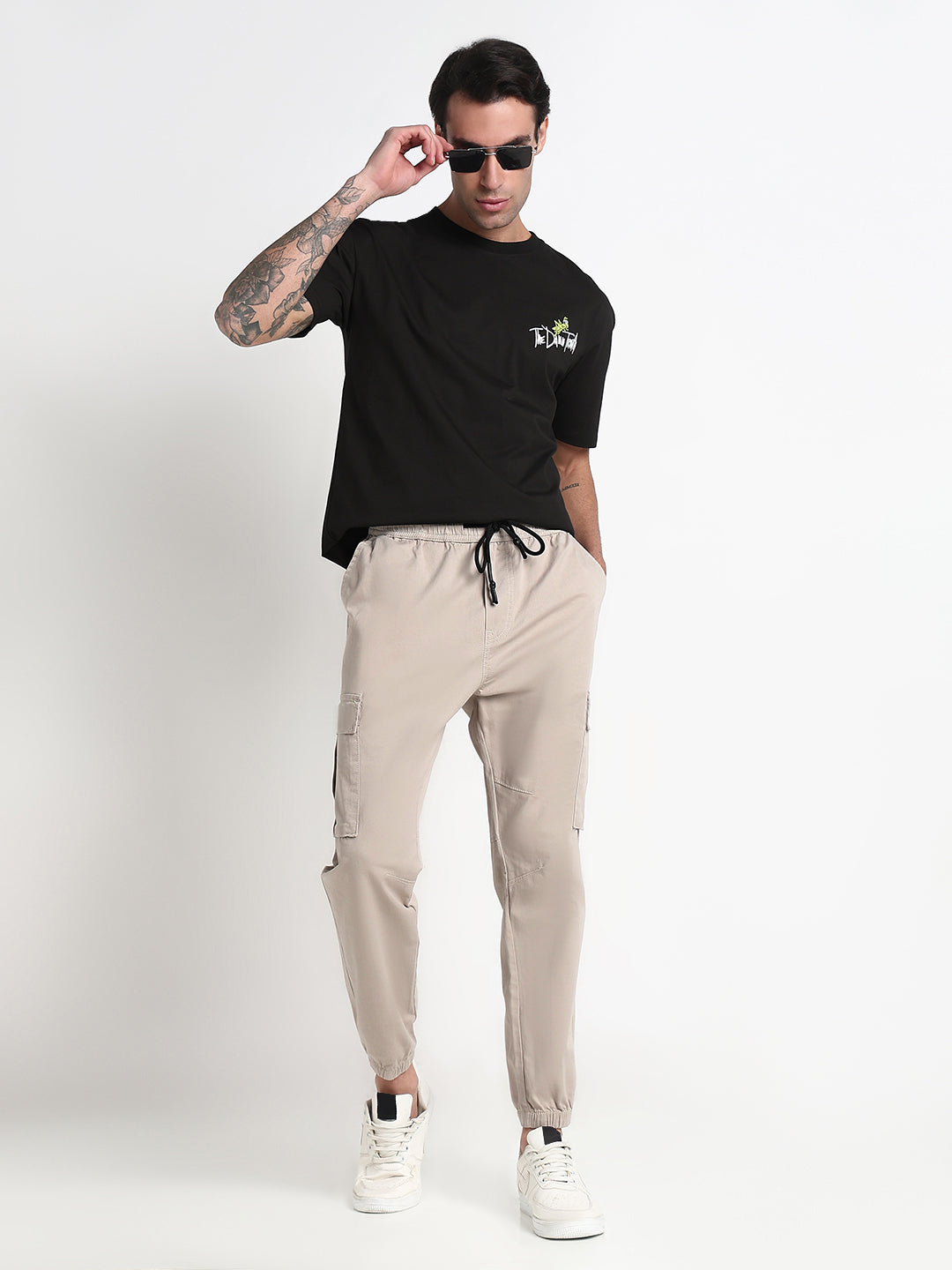 Men's Cream Solid Cargo Joggers