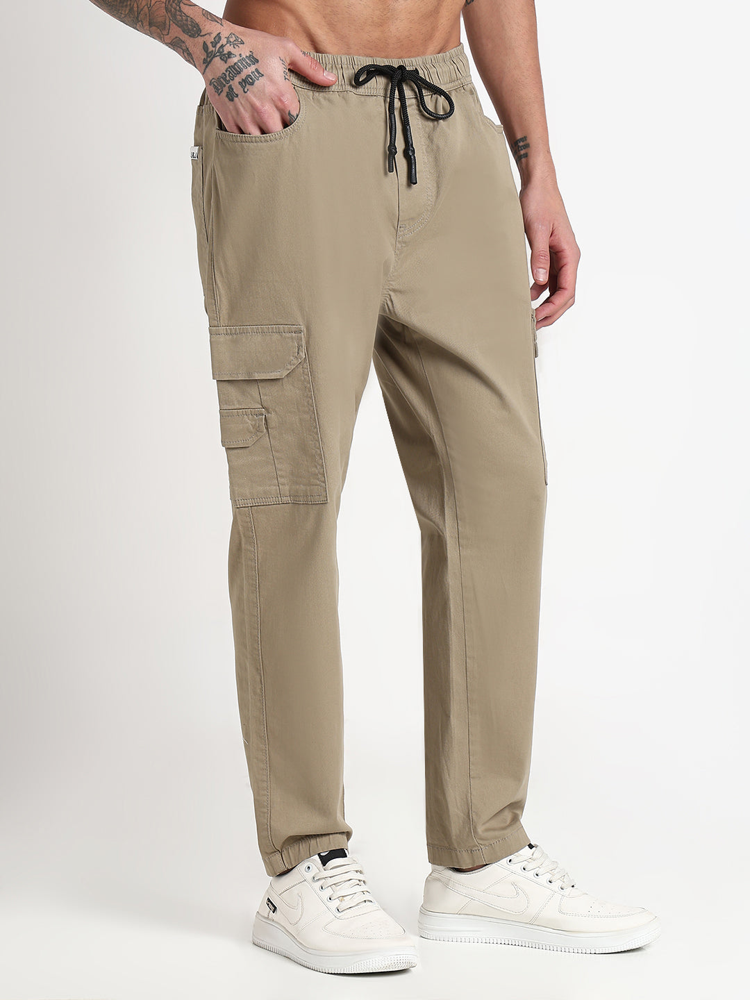 Men's Khaki Solid Cargo Drawstring Joggers