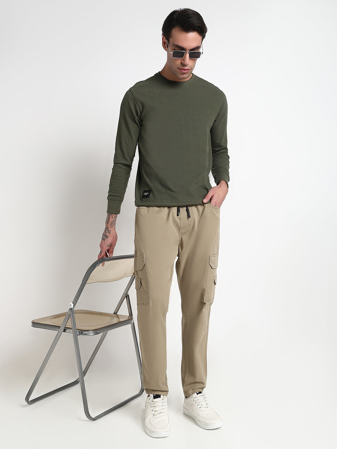 Men's Khaki Solid Cargo Drawstring Joggers