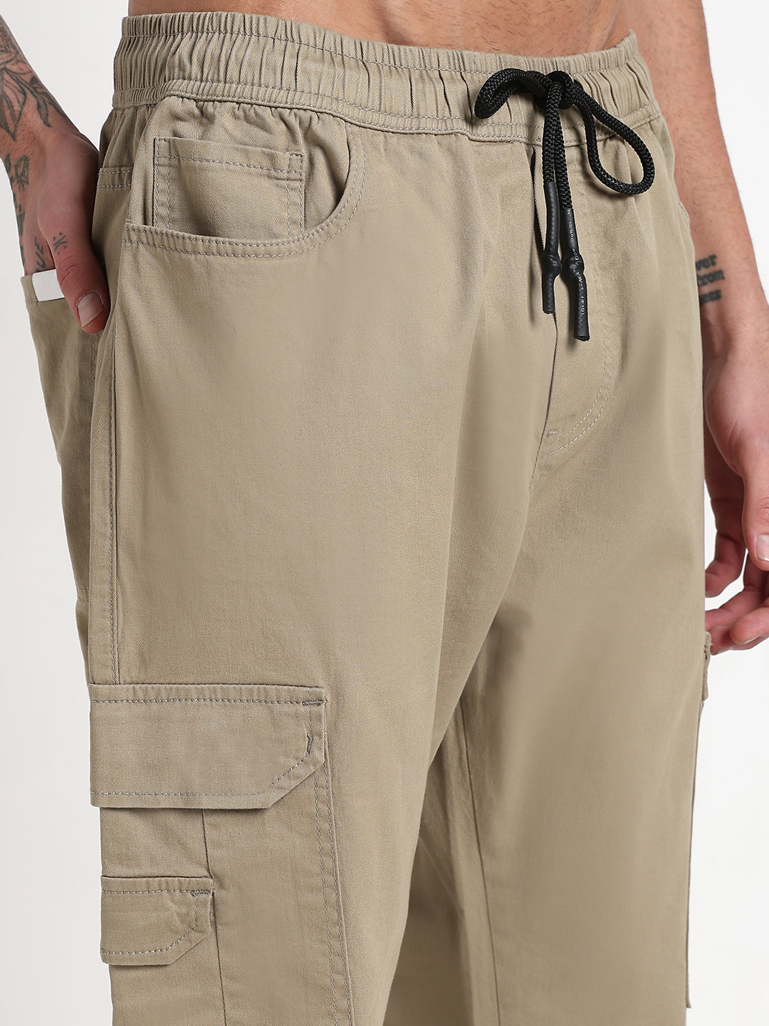 Men's Khaki Solid Cargo Drawstring Joggers