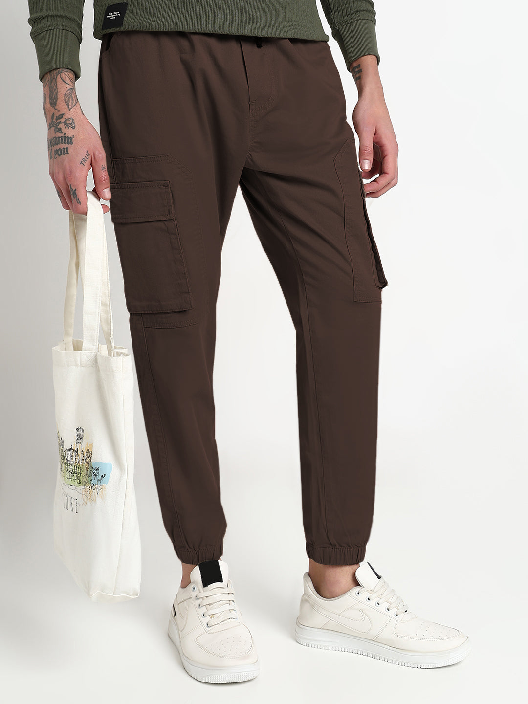 Men's Brown Slim Fit Joggers with Side Pockets