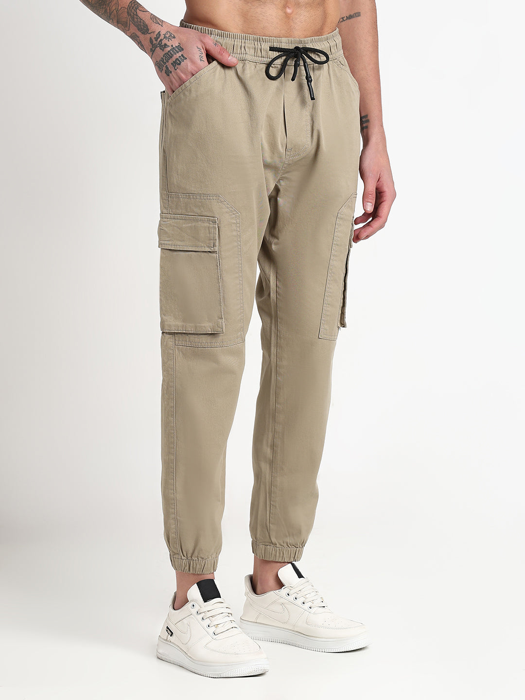 Men's Khaki Solid Cargo Joggers
