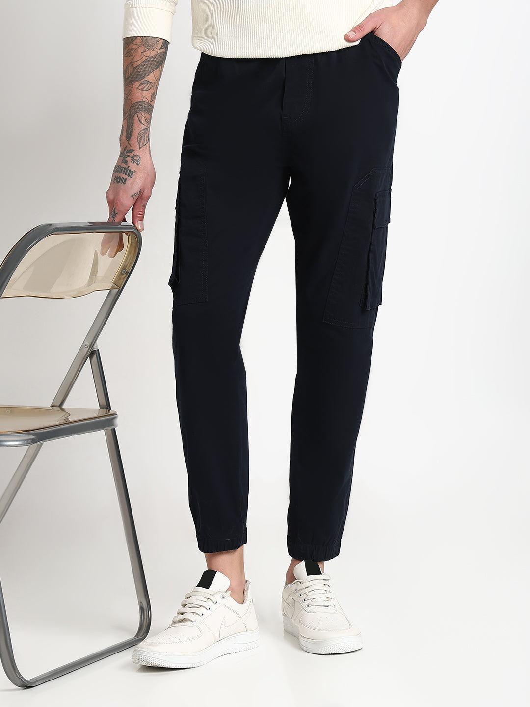 Buy Men's Navy Blue Solid Cargo Joggers Showoffff