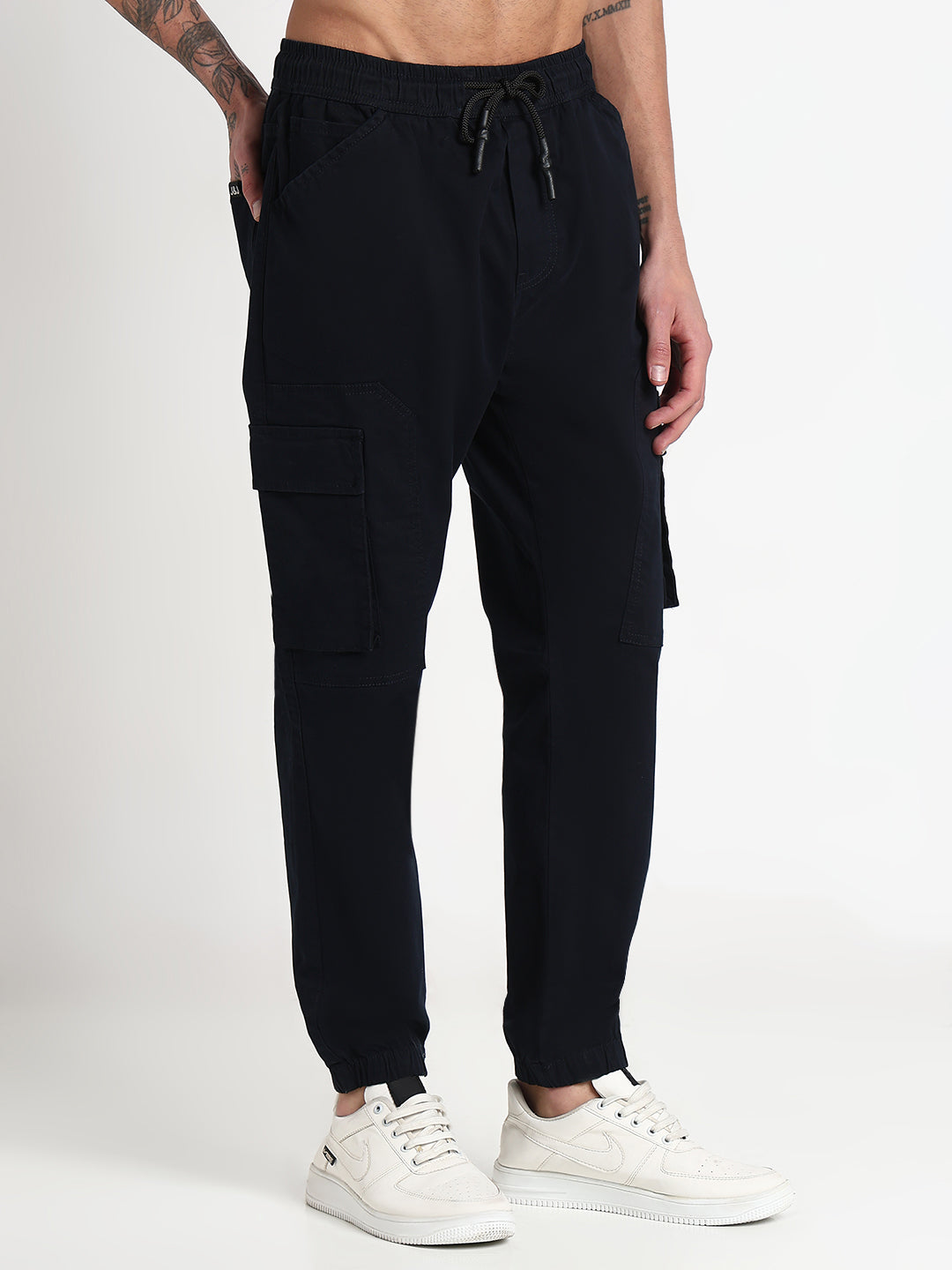 Men's Navy Blue Solid Cargo Joggers