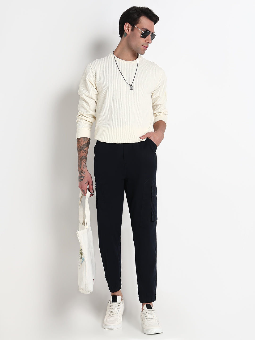 Men's Navy Blue Solid Cargo Joggers