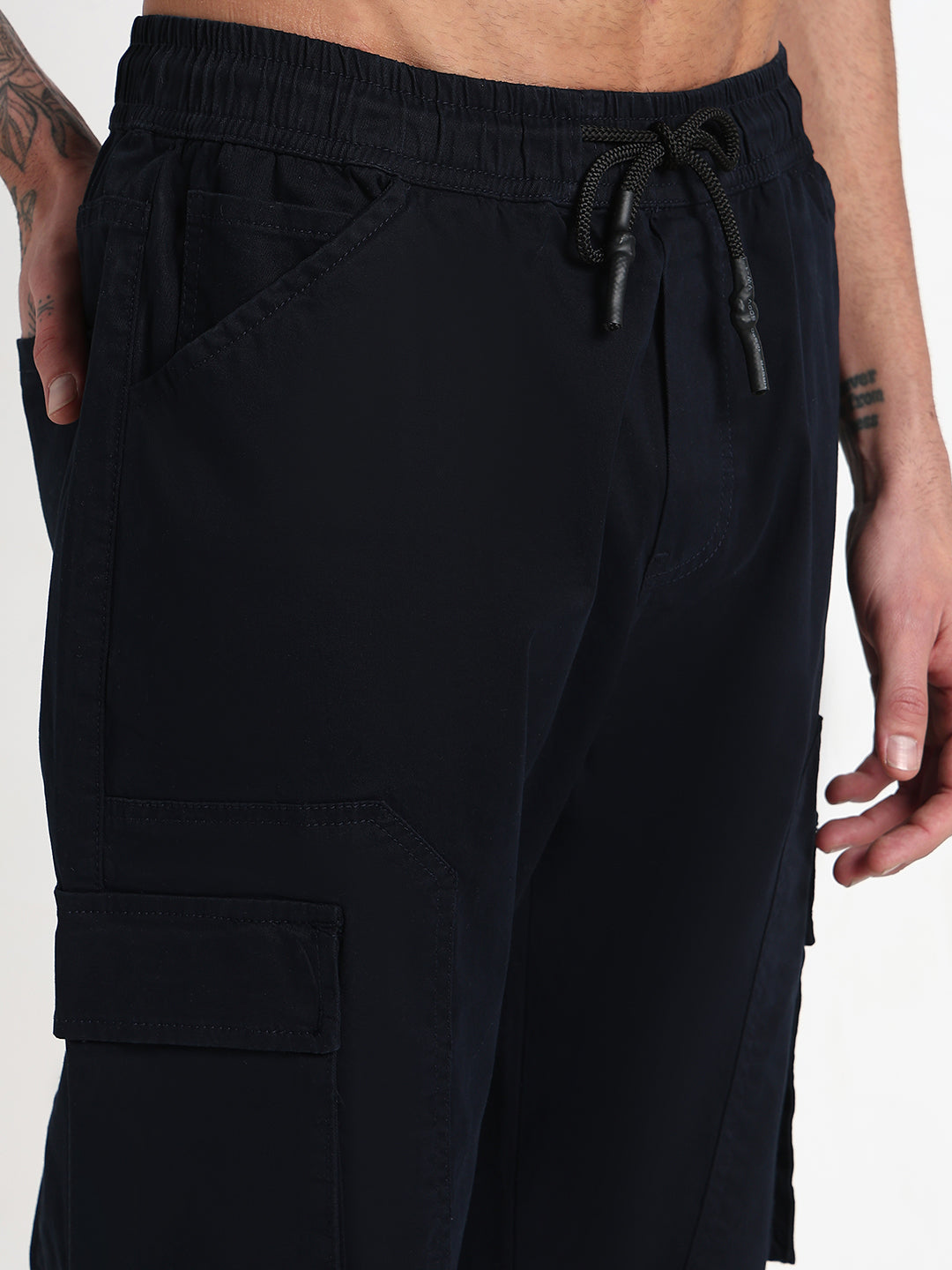 Men's Navy Blue Solid Cargo Joggers