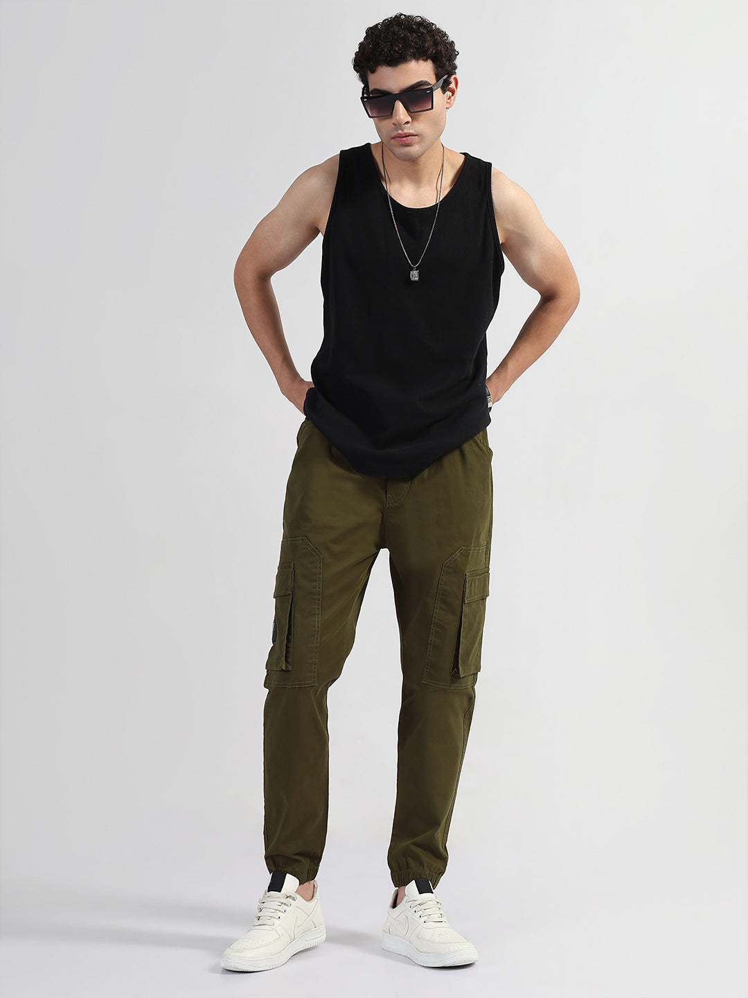 Men's Olive Solid Cargo Joggers