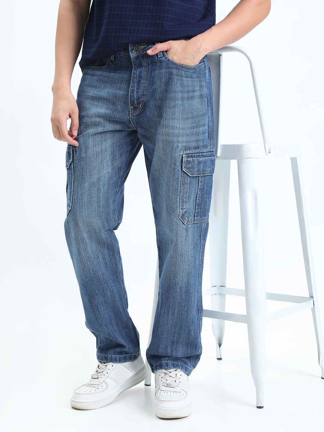 Men's Blue Straight Fit Cargo Jeans