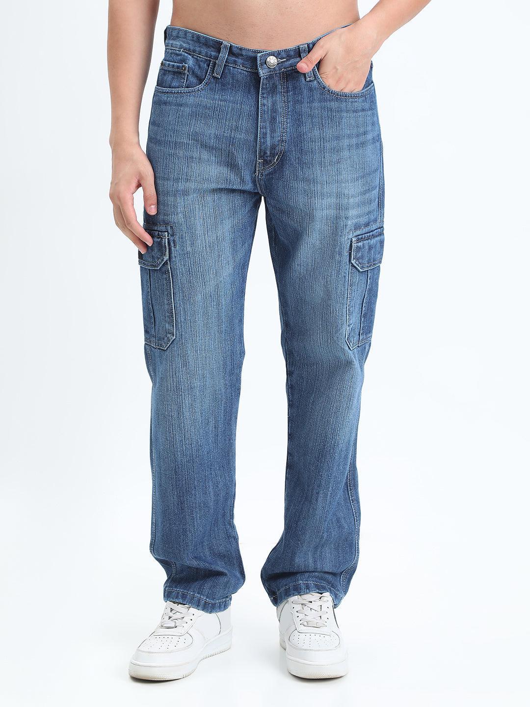 Men's Blue Straight Fit Cargo Jeans