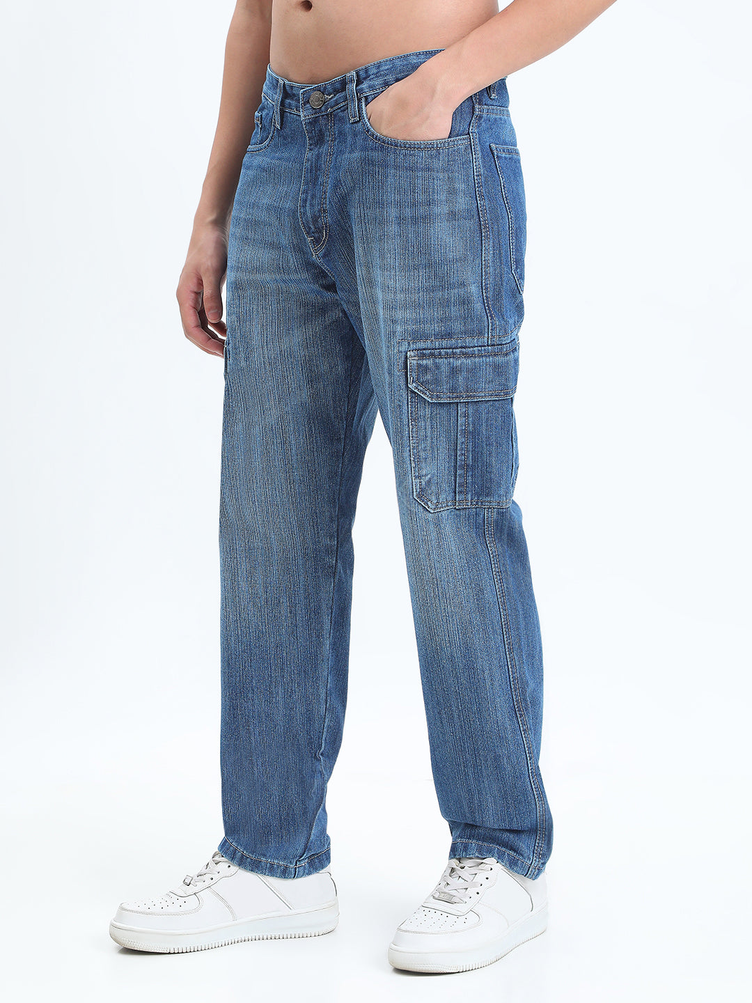 Men's Blue Straight Fit Cargo Jeans