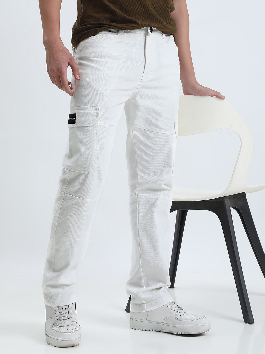 Men's White Slim Fit Cargo Jeans