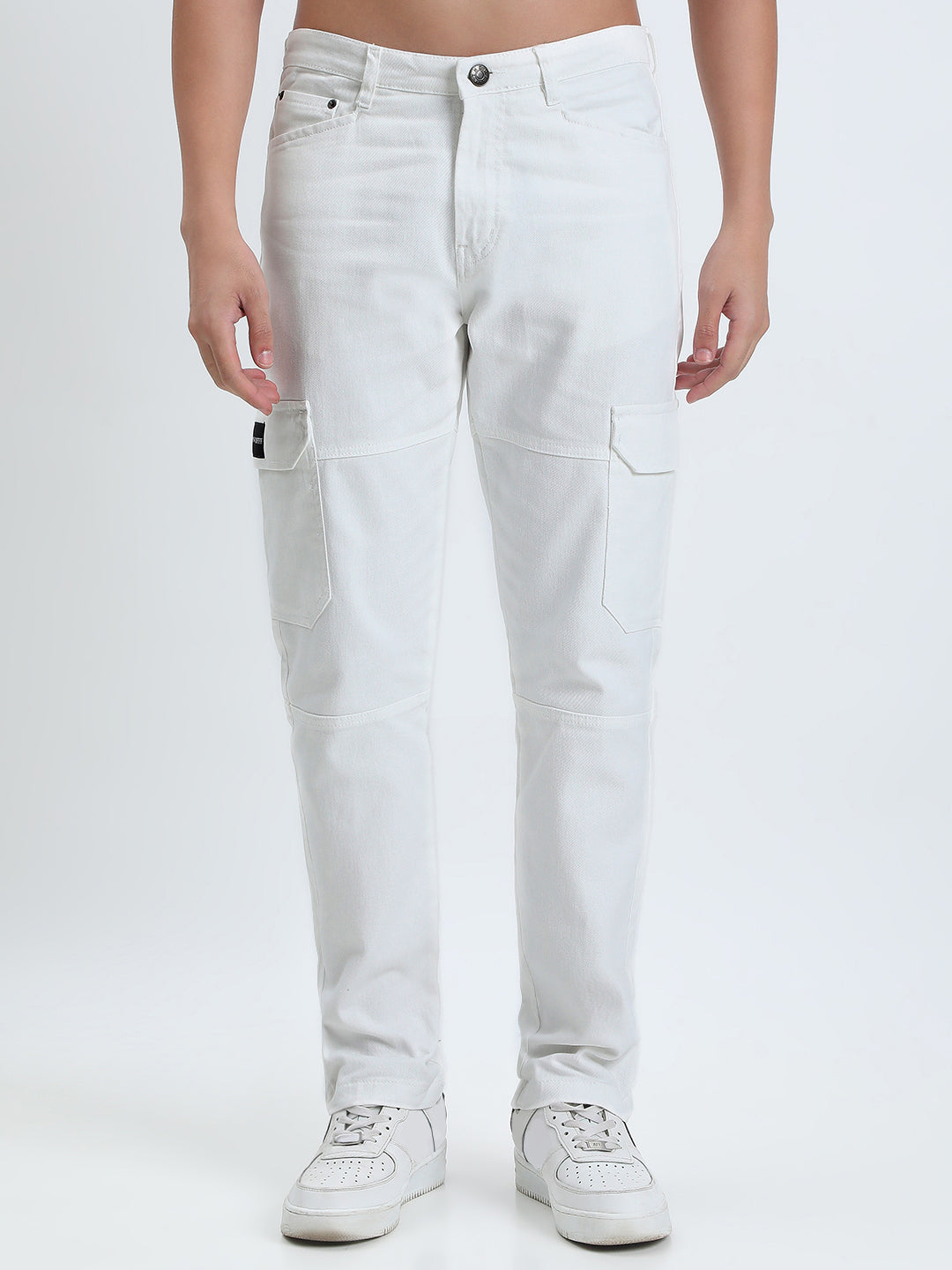 Men's White Slim Fit Cargo Jeans