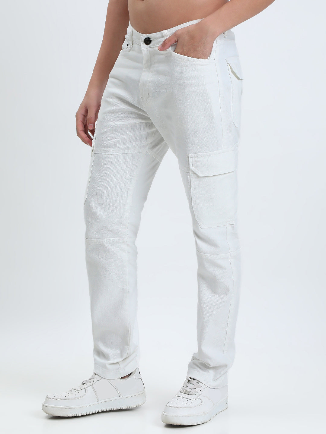 Men's White Slim Fit Cargo Jeans