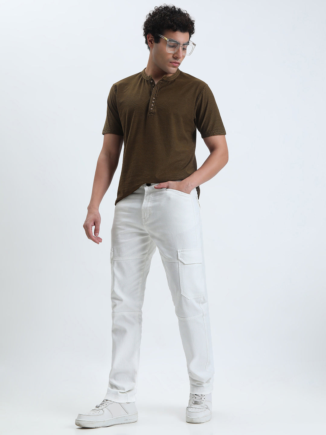 Men's White Slim Fit Cargo Jeans
