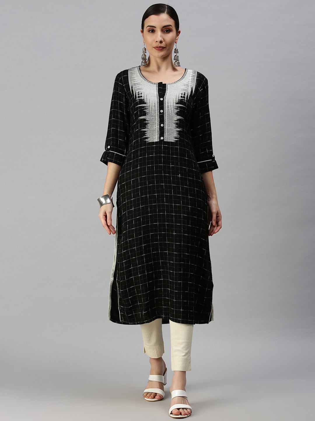 Women Checked Black Straight Kurta