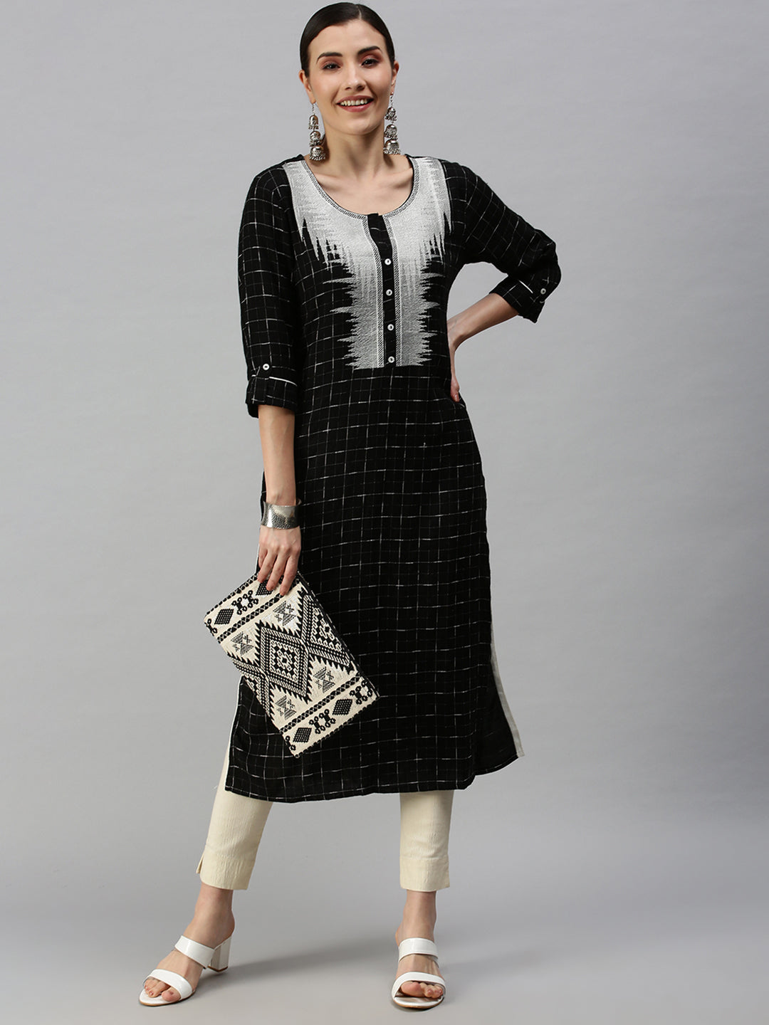 Women Checked Black Straight Kurta