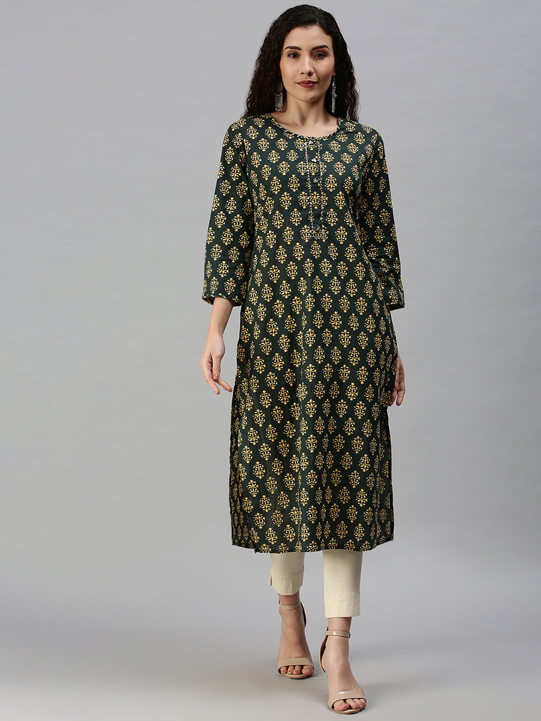 Women Printed Green Straight Kurta