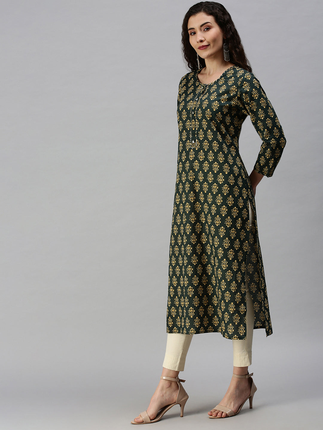 Women Printed Green Straight Kurta