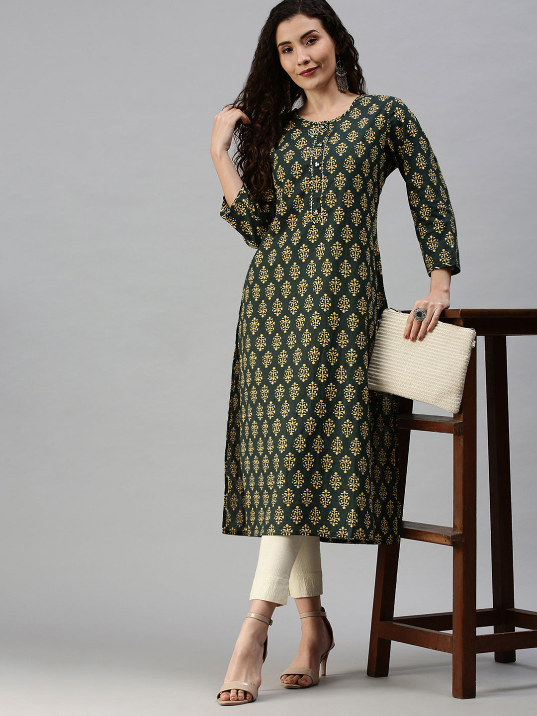 Women Printed Green Straight Kurta