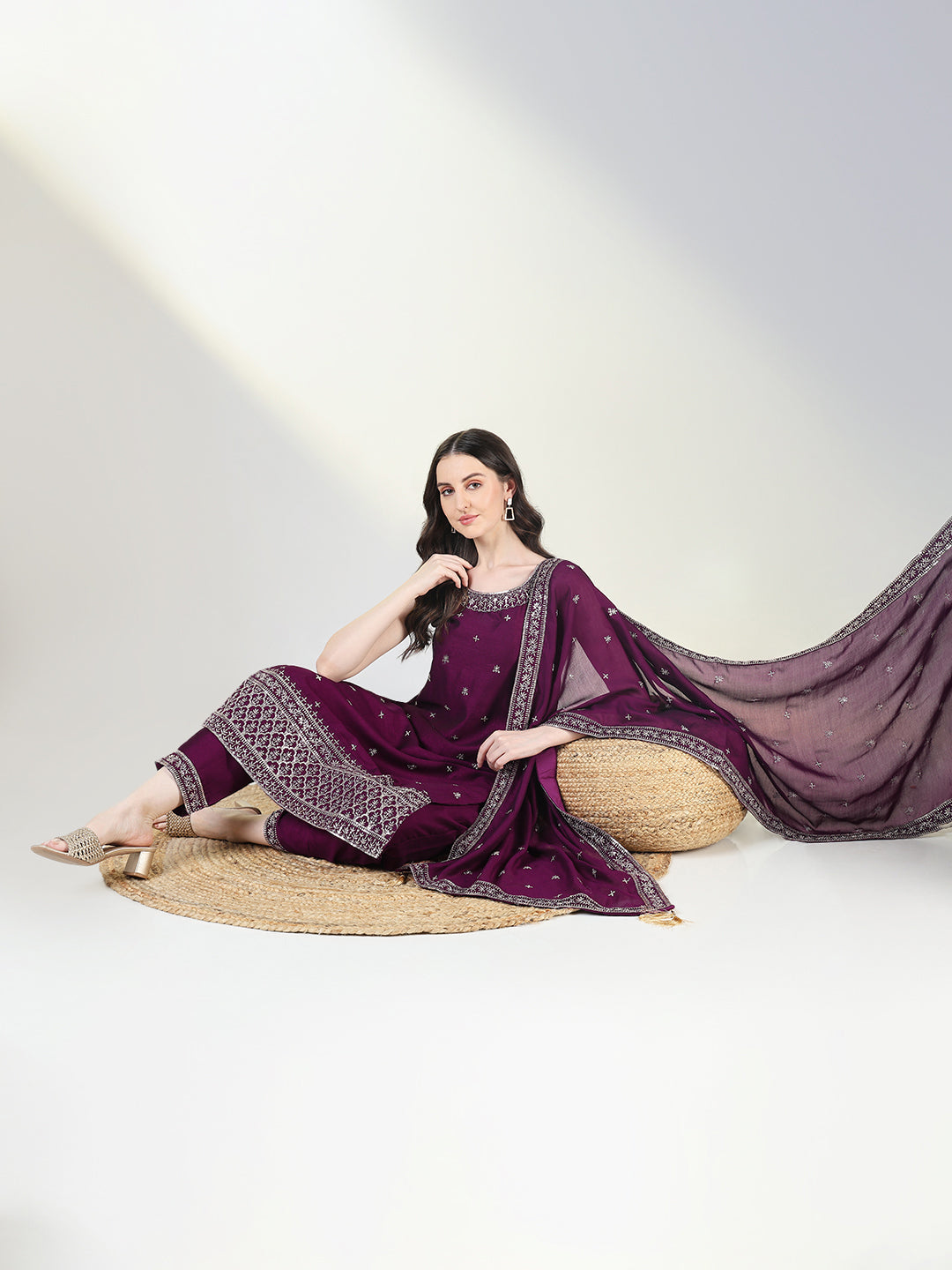 Women Purple Embroidered Straight Kurta Set with Dupatta