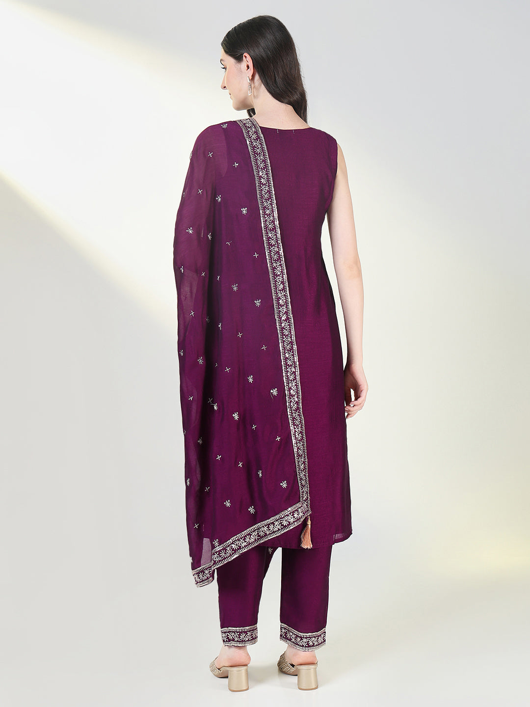 Women Purple Embroidered Straight Kurta Set with Dupatta