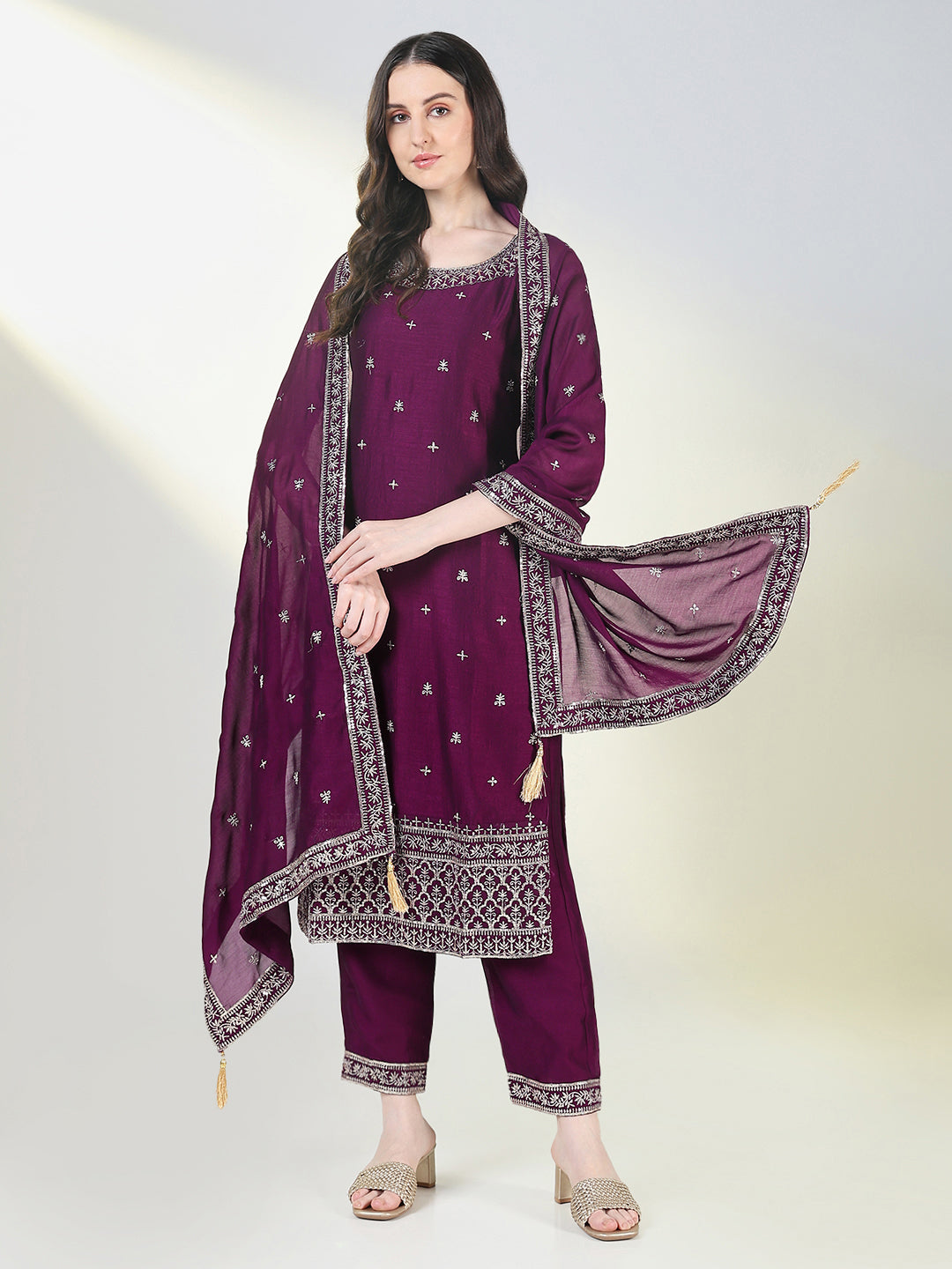 Women Purple Embroidered Straight Kurta Set with Dupatta