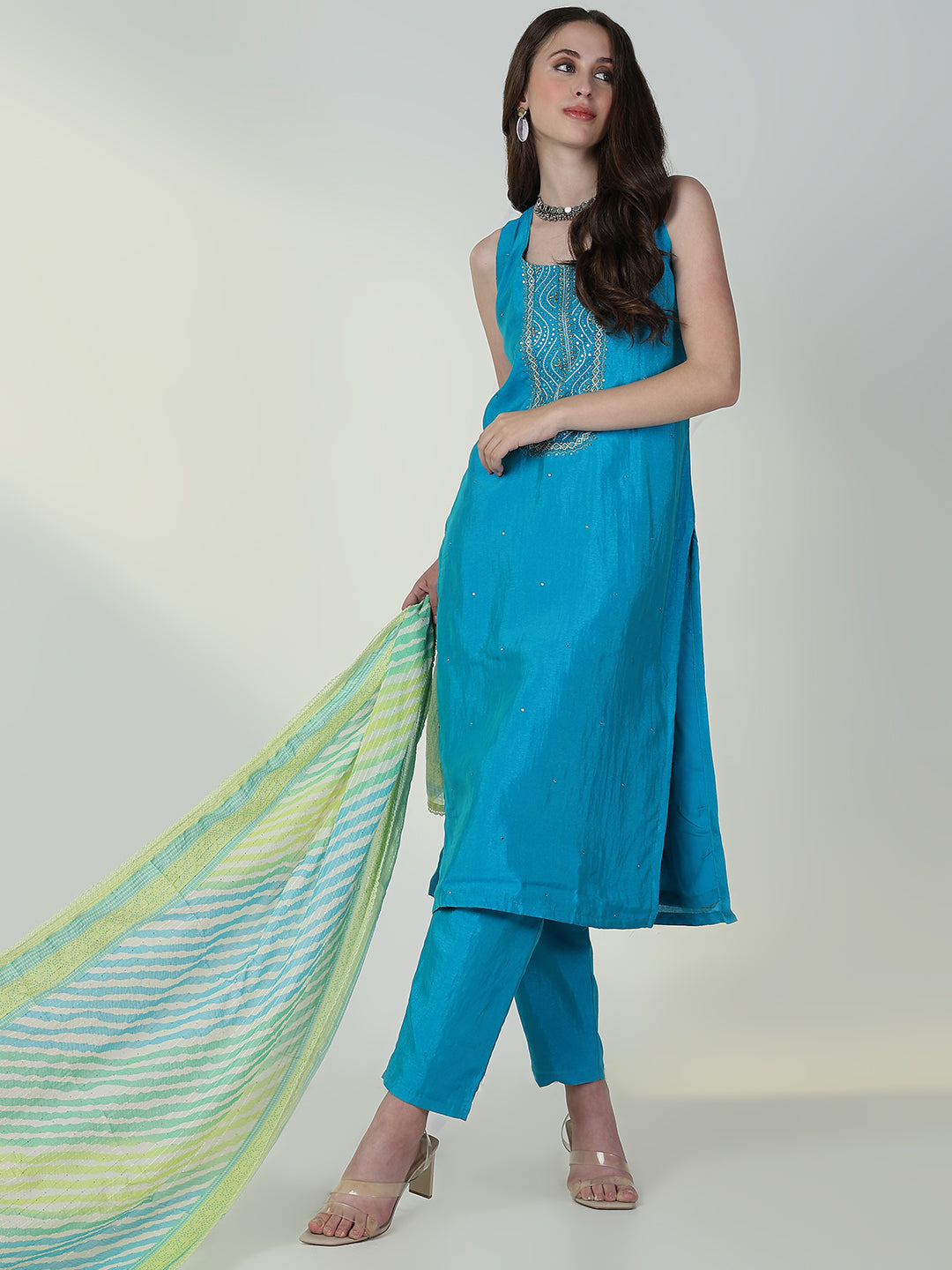 Women Solid Blue Straight Kurta Set with Dupatta