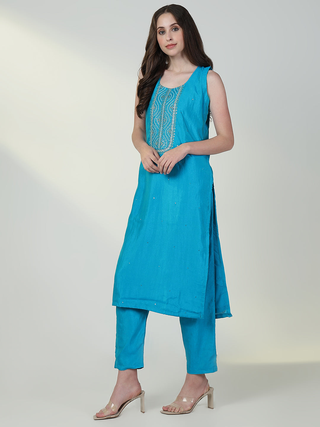 Women Solid Blue Straight Kurta Set with Dupatta