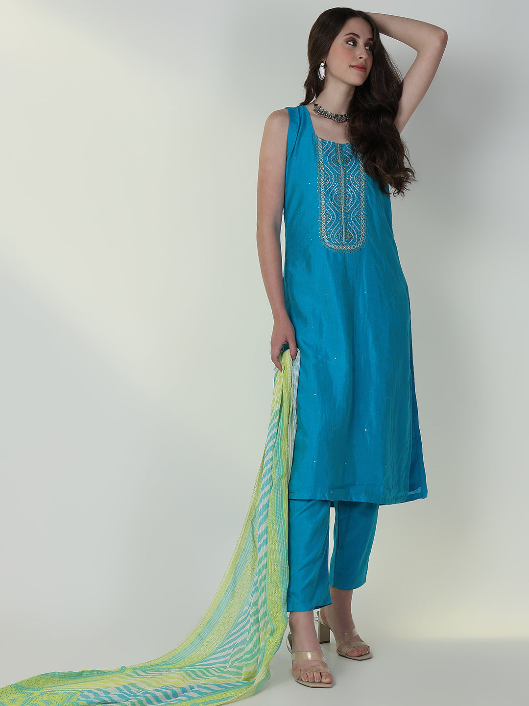 Women Solid Blue Straight Kurta Set with Dupatta