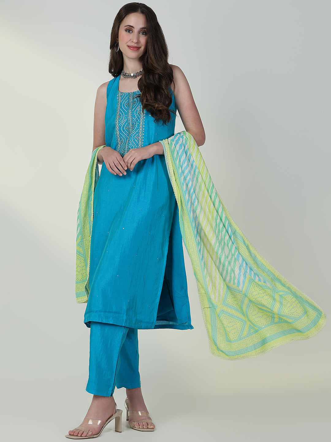 Women Solid Blue Straight Kurta Set with Dupatta