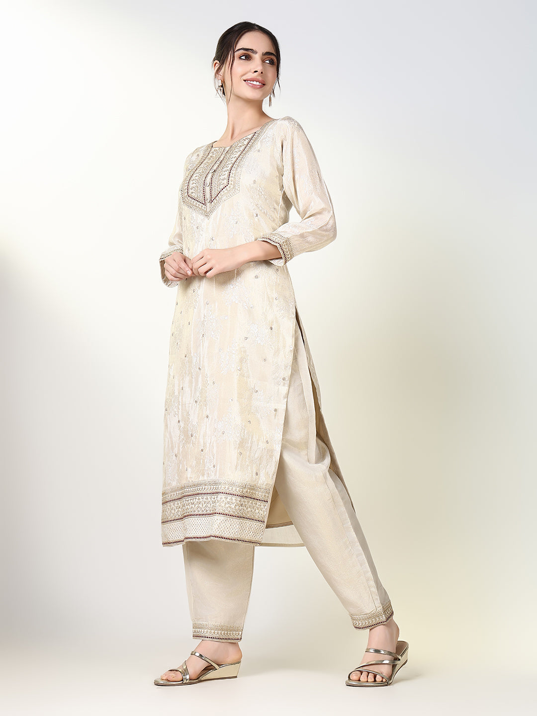 Women Floral Cream Straight Kurta Set with Dupatta