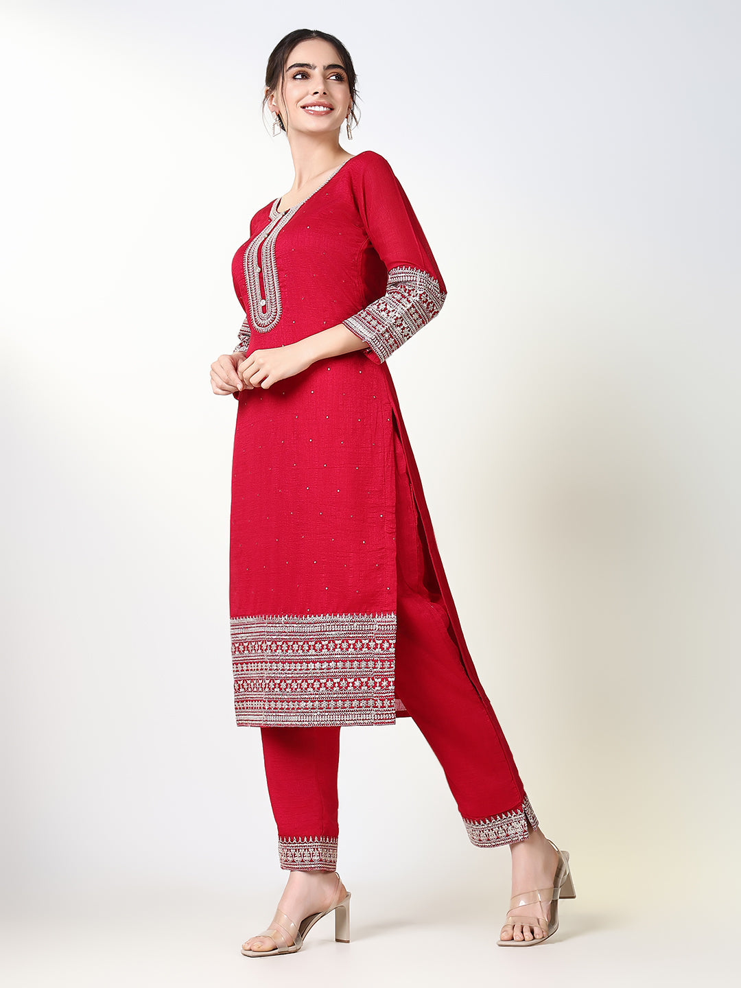 Women Solid Pink Straight Kurta Set with Dupatta