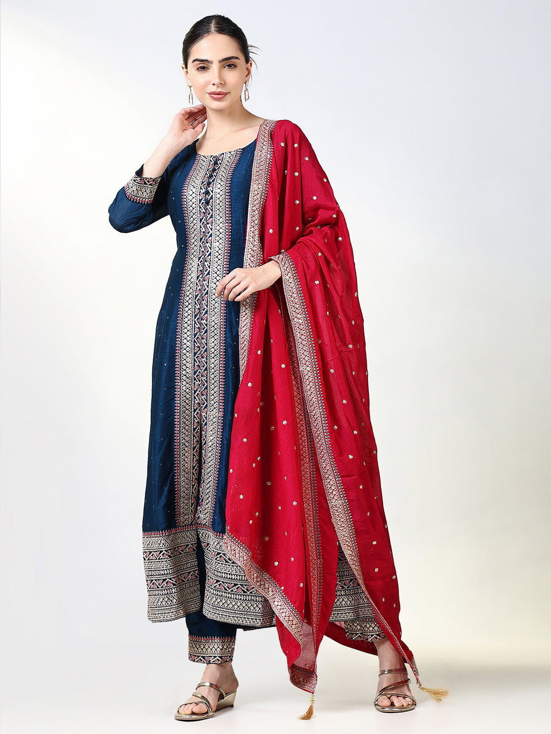 Women Solid Navy Blue Anarkali Kurta Set with Dupatta