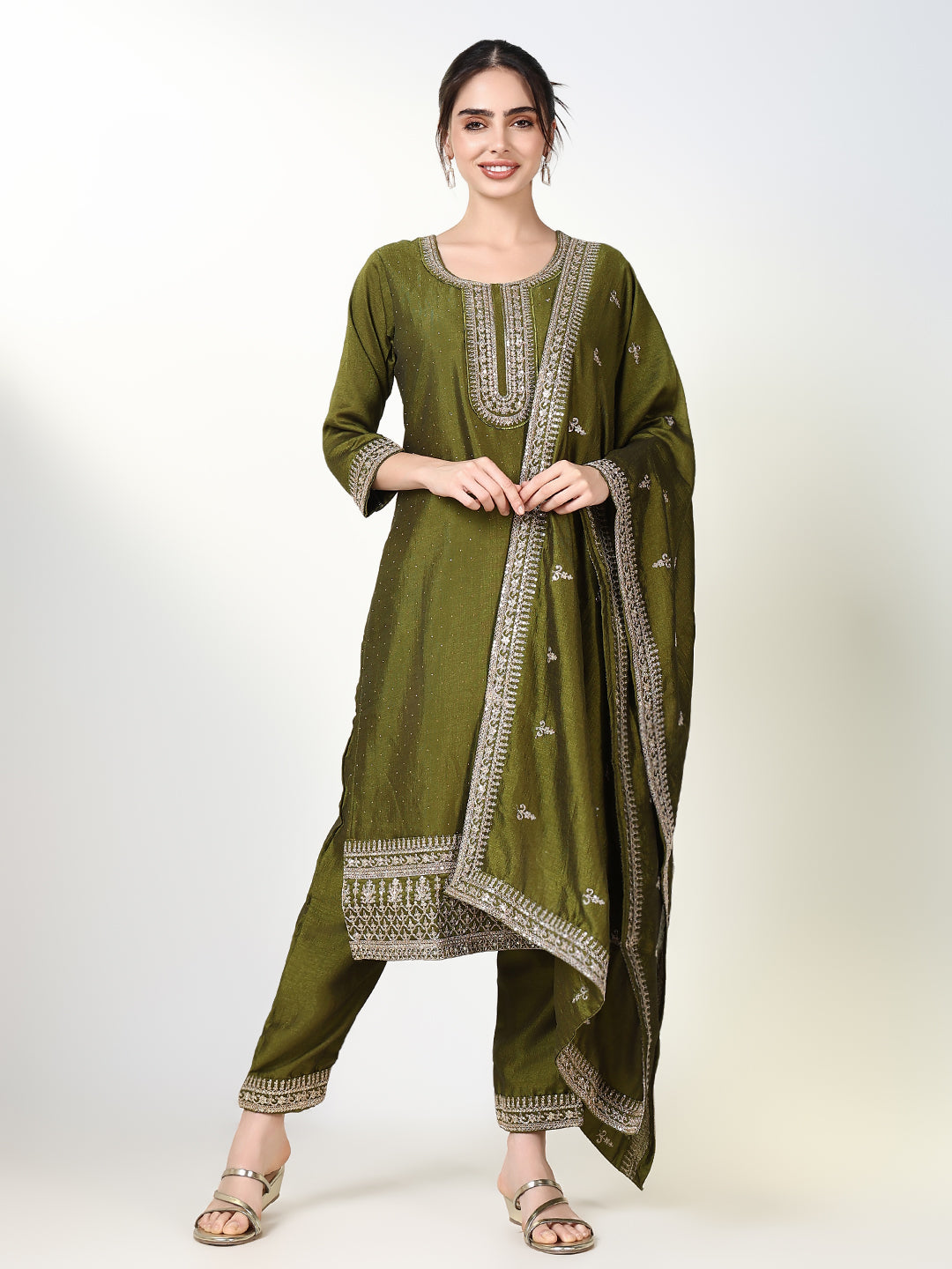 Women Solid Green Straight Kurta Set with Dupatta