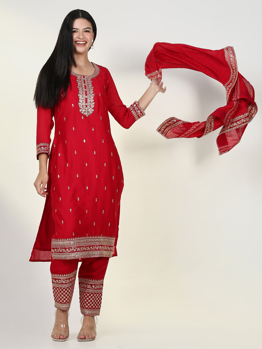 Women Embroidered Red Kurta Set with Dupatta