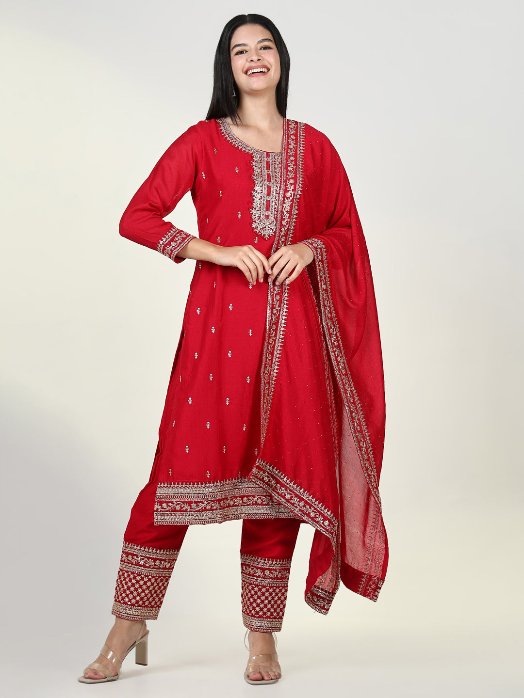 Women Embroidered Red Kurta Set with Dupatta