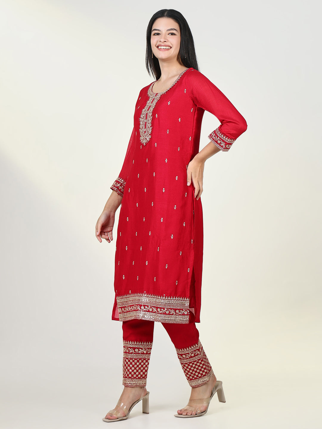 Women Embroidered Red Kurta Set with Dupatta