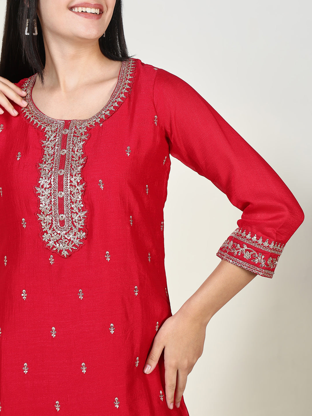 Women Embroidered Red Kurta Set with Dupatta