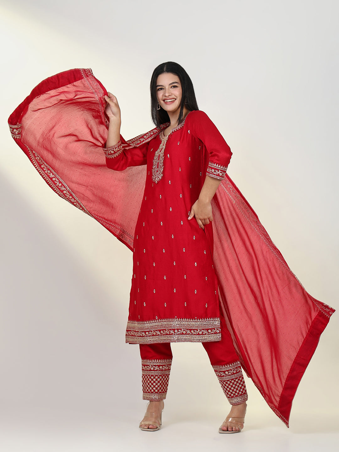 Women Embroidered Red Kurta Set with Dupatta