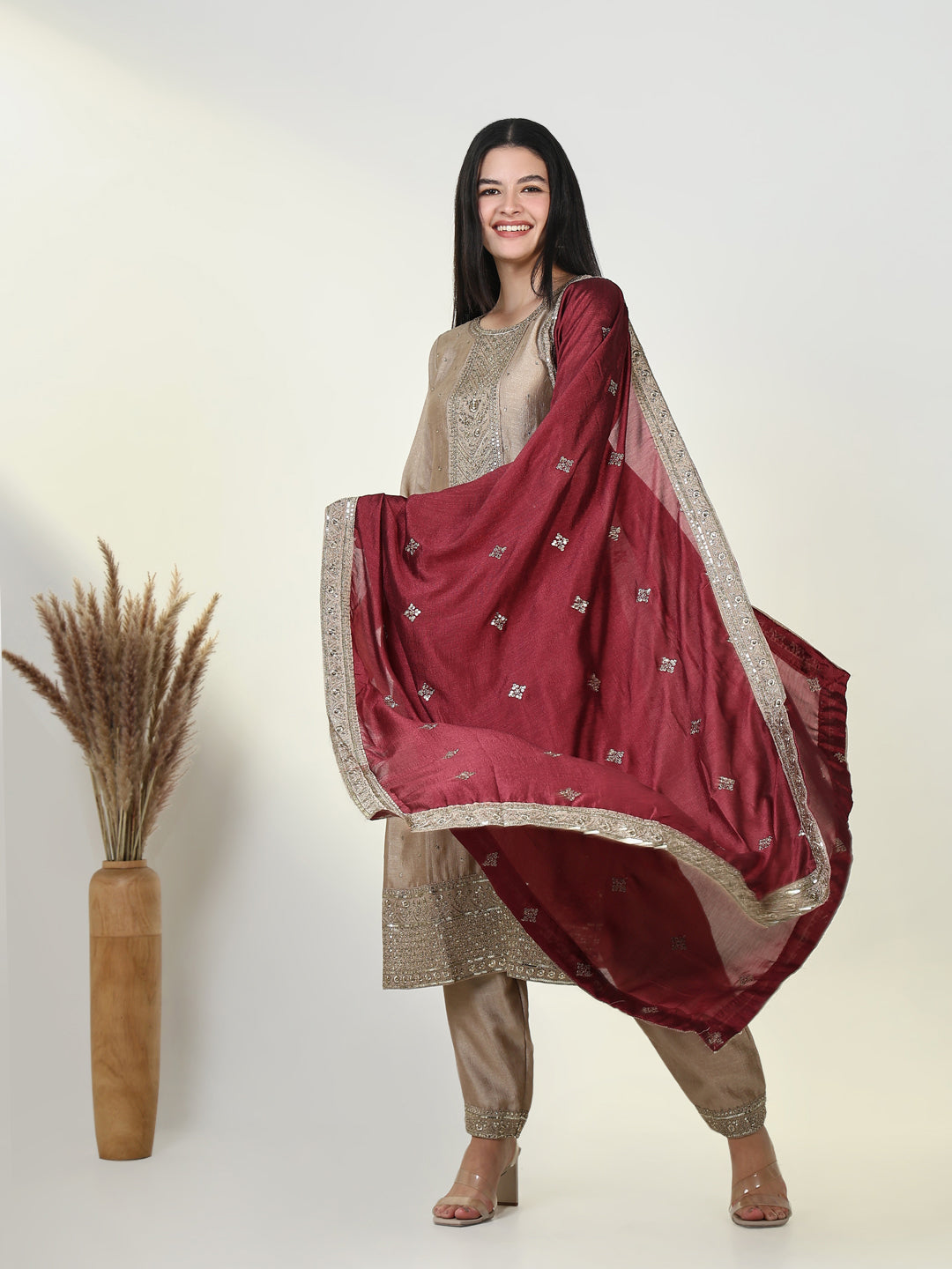 Women Embroidered Beige Kurta Set with Dupatta