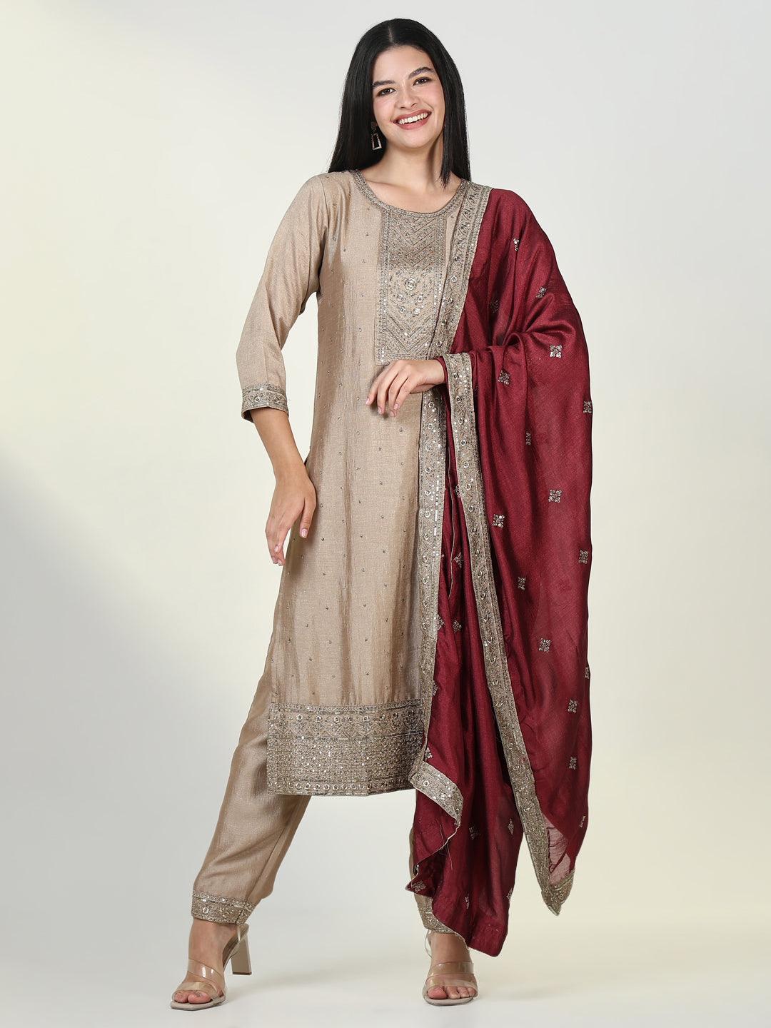 Women Embroidered Beige Kurta Set with Dupatta