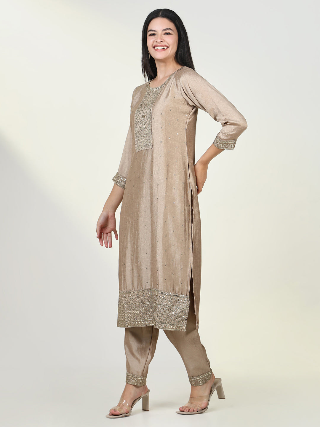 Women Embroidered Beige Kurta Set with Dupatta