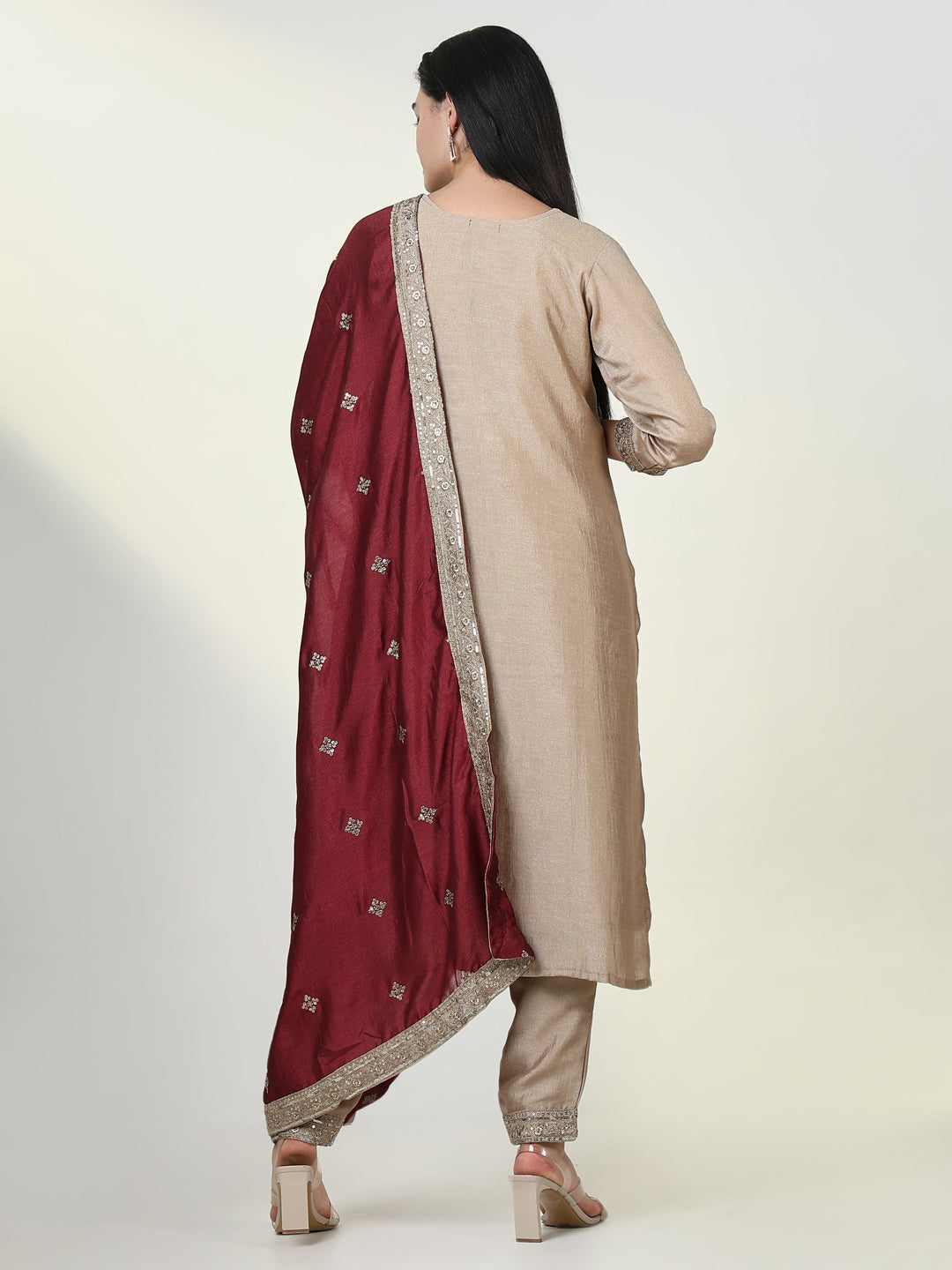 Women Embroidered Beige Kurta Set with Dupatta