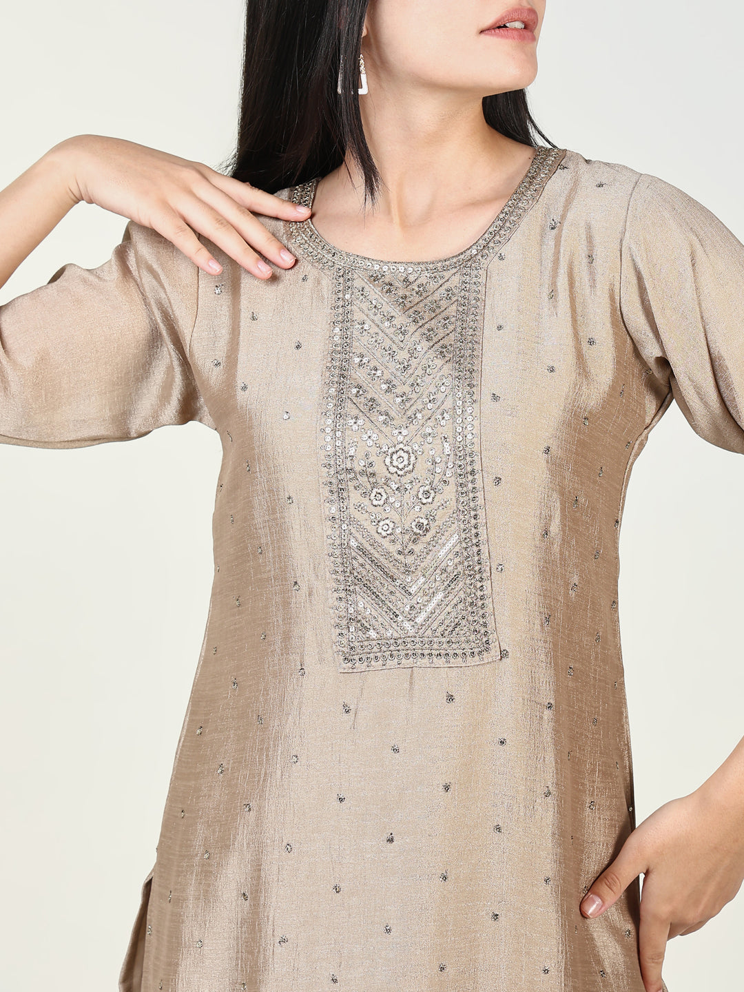 Women Embroidered Beige Kurta Set with Dupatta