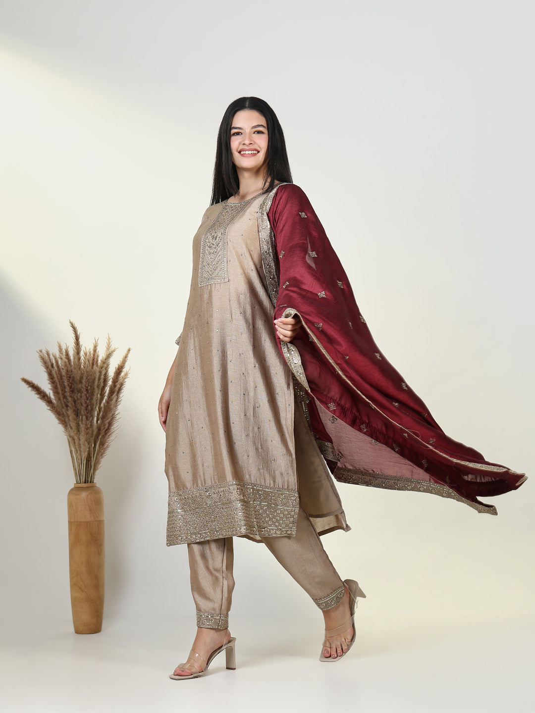 Women Embroidered Beige Kurta Set with Dupatta