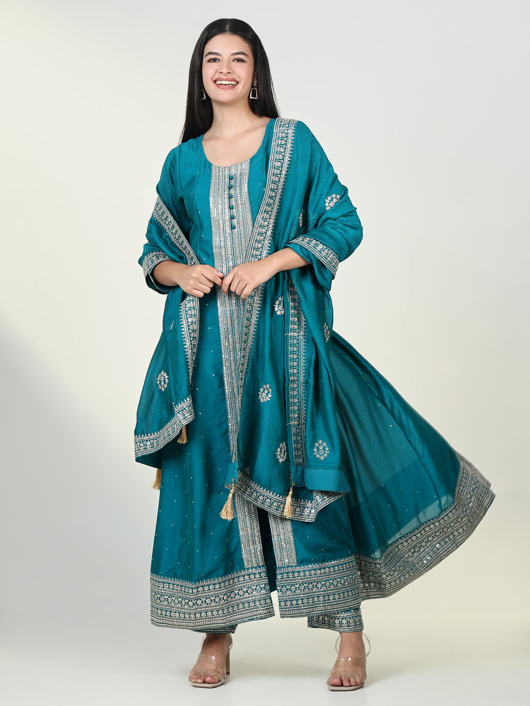 Women Embroidered Blue Anarkali Kurta Set with Dupatta