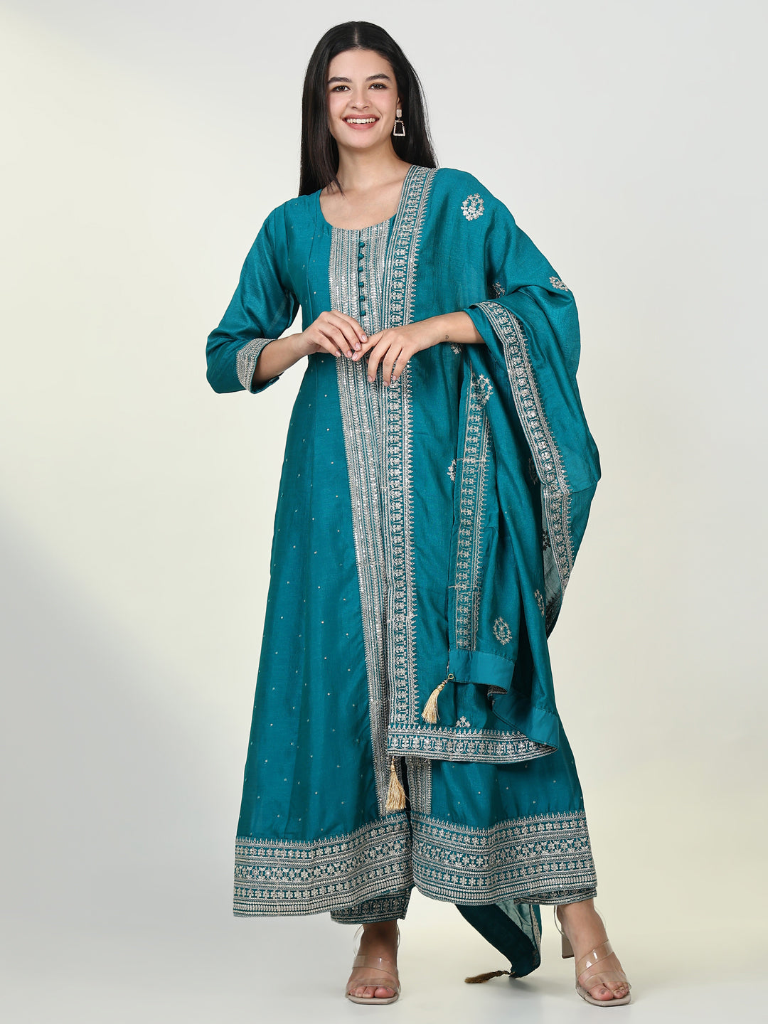 Women Embroidered Blue Anarkali Kurta Set with Dupatta