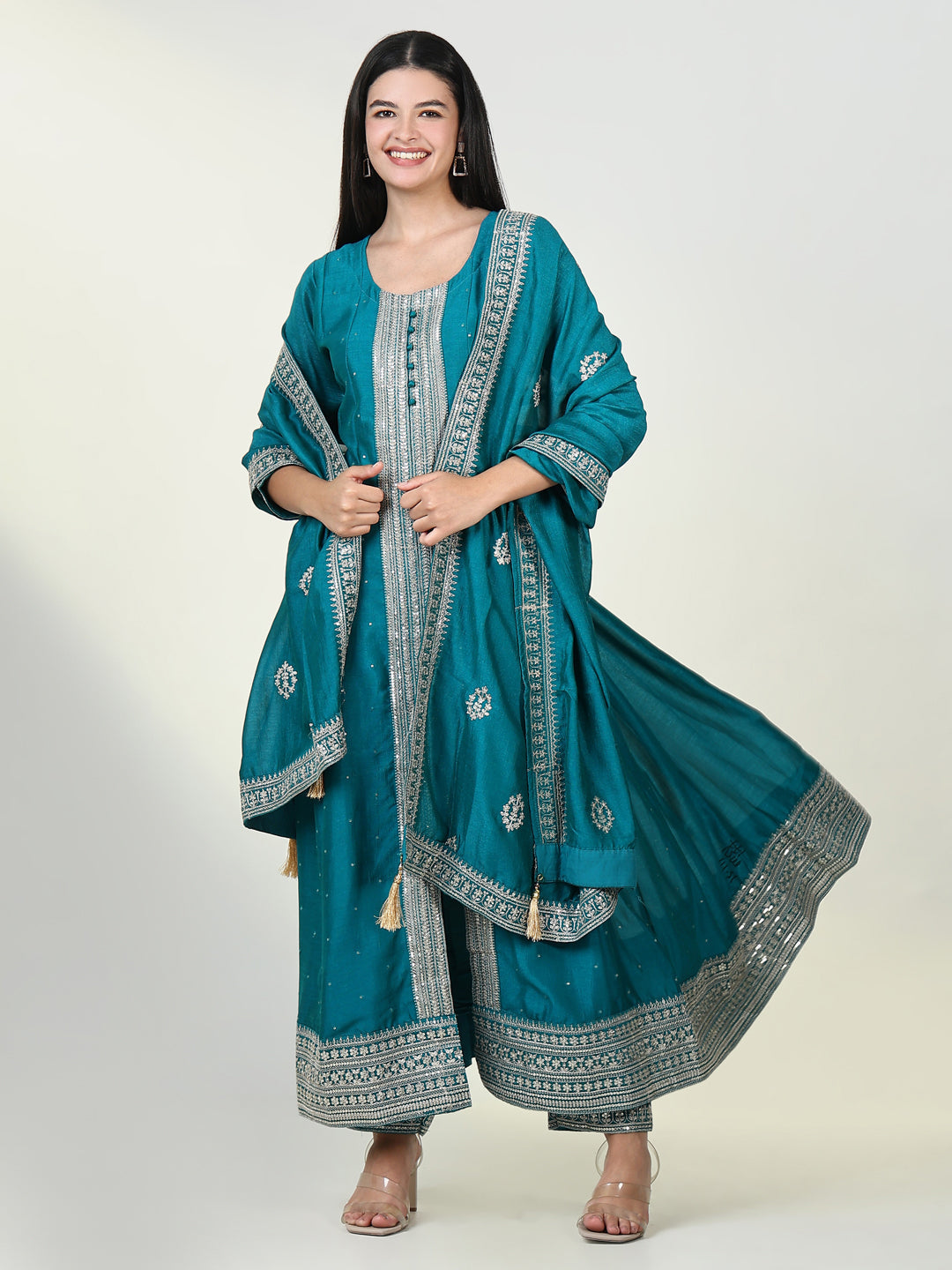 Women Embroidered Blue Anarkali Kurta Set with Dupatta